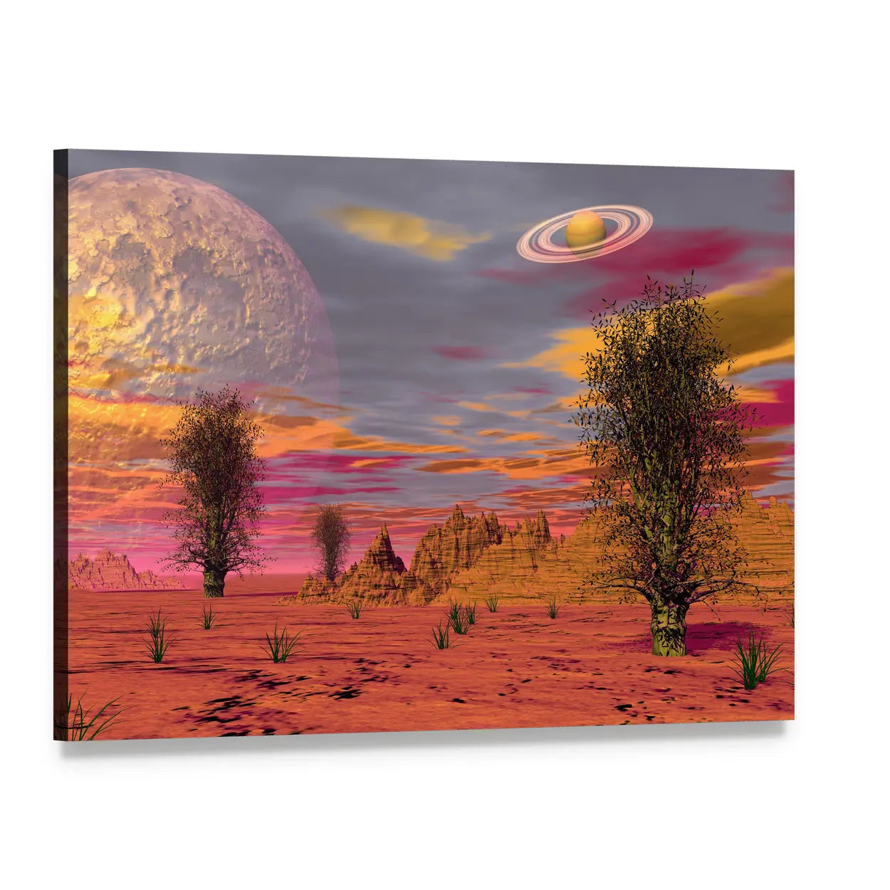 Alien Desert with Ringed Planet and Large Moon Canvas Wall Art, single panel gallery wrapped canvas, angled product view