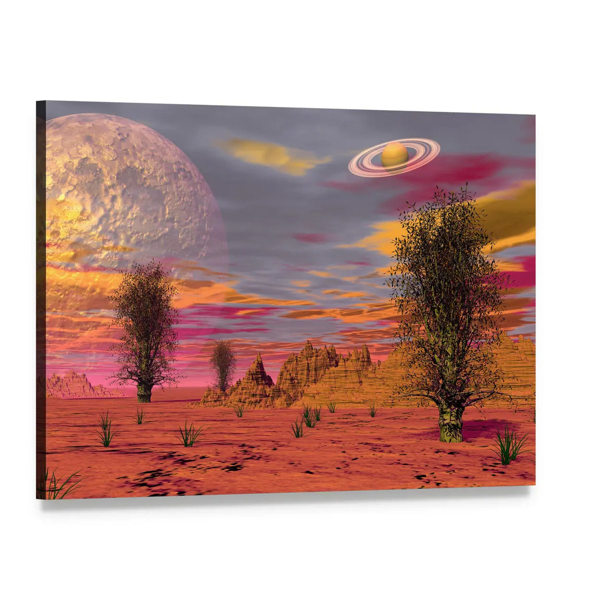 Alien Desert with Ringed Planet and Cratered Moon Canvas Wall Art, single panel gallery wrapped canvas, angled product view