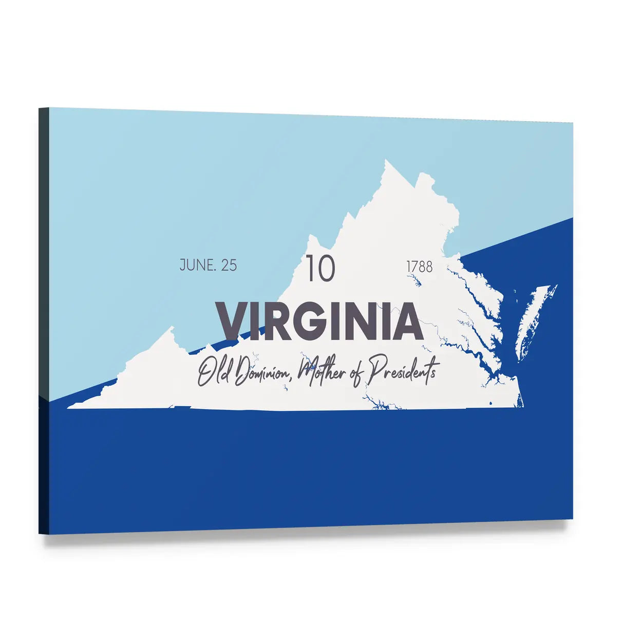 Virginia State Map Typography Canvas Wall Art, single panel gallery wrapped canvas, angled product view