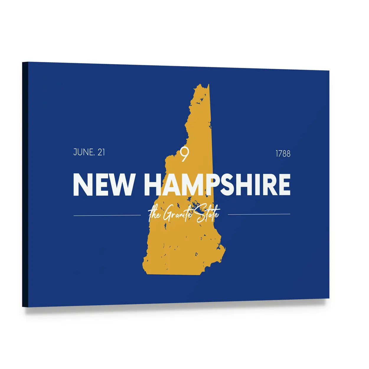 New Hampshire Gold Map Typography Canvas Wall Art, single panel gallery wrapped canvas, angled product view
