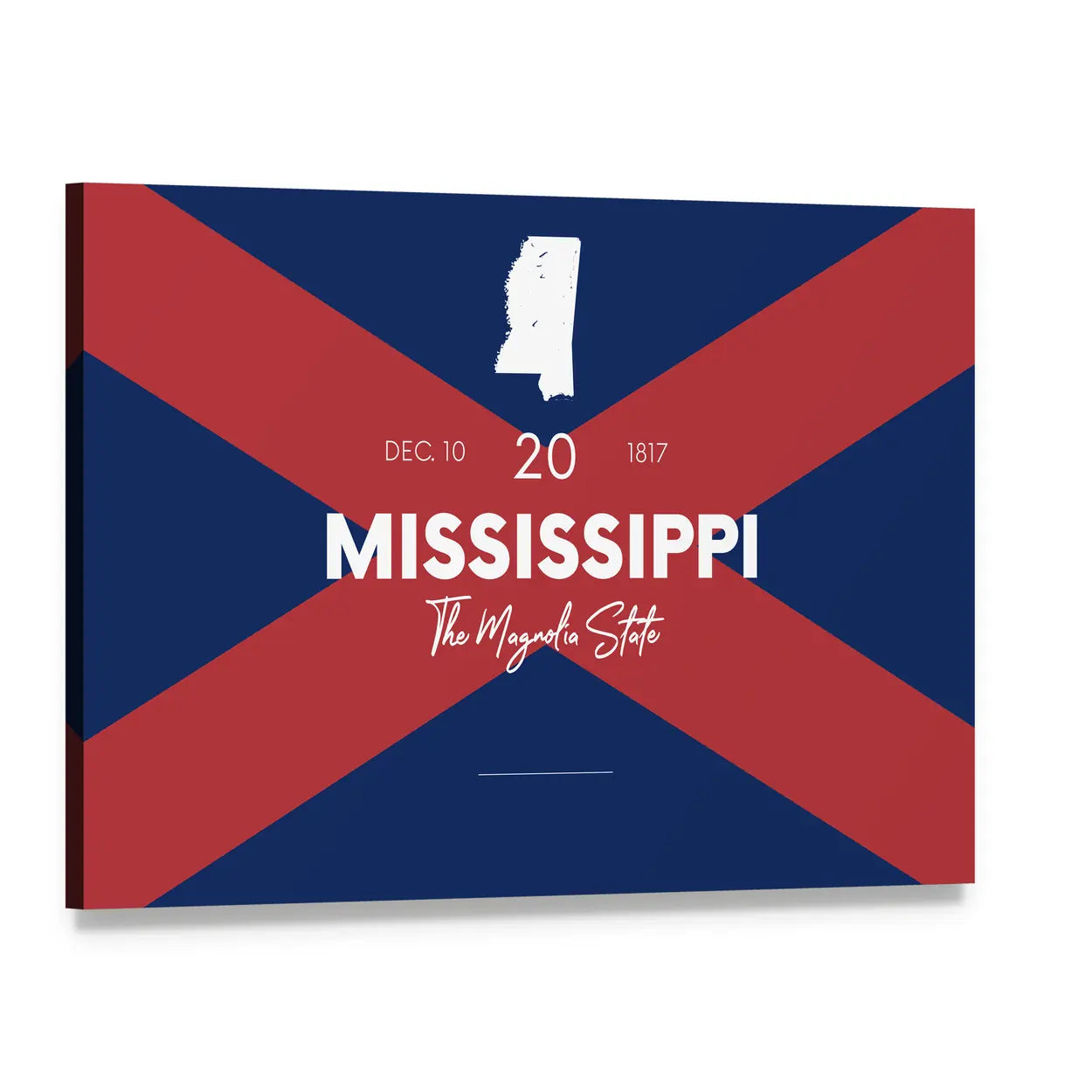 Mississippi State Map with Saltire Background Canvas Wall Art, single panel gallery wrapped canvas, angled product view