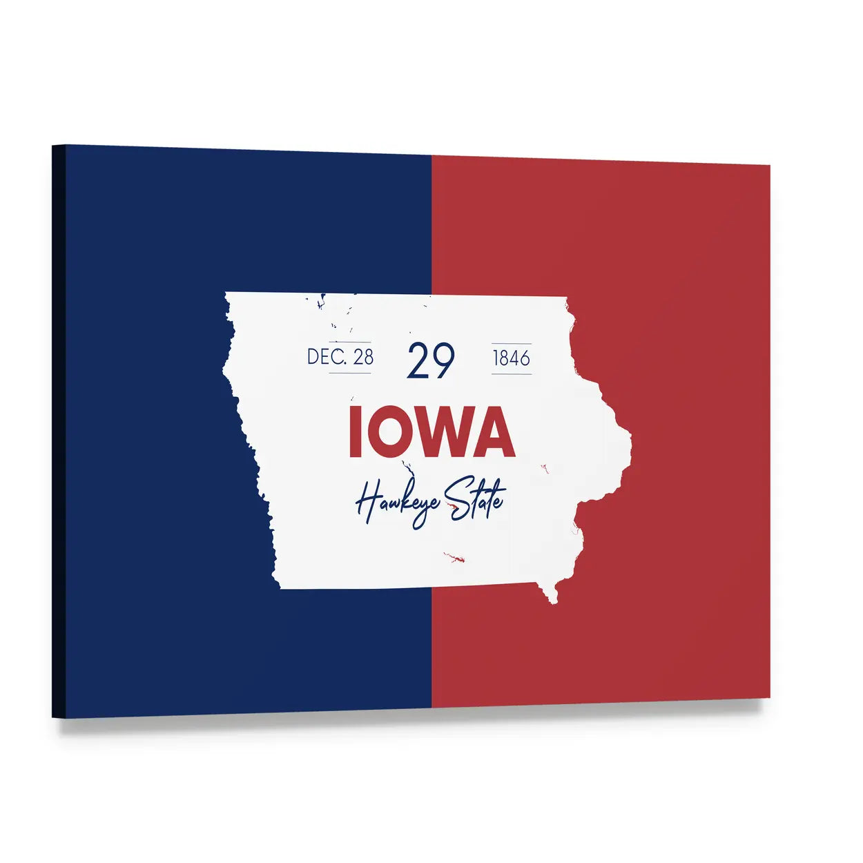 Iowa State Map with Hawkeye Script Canvas Wall Art, single panel gallery wrapped canvas, angled product view