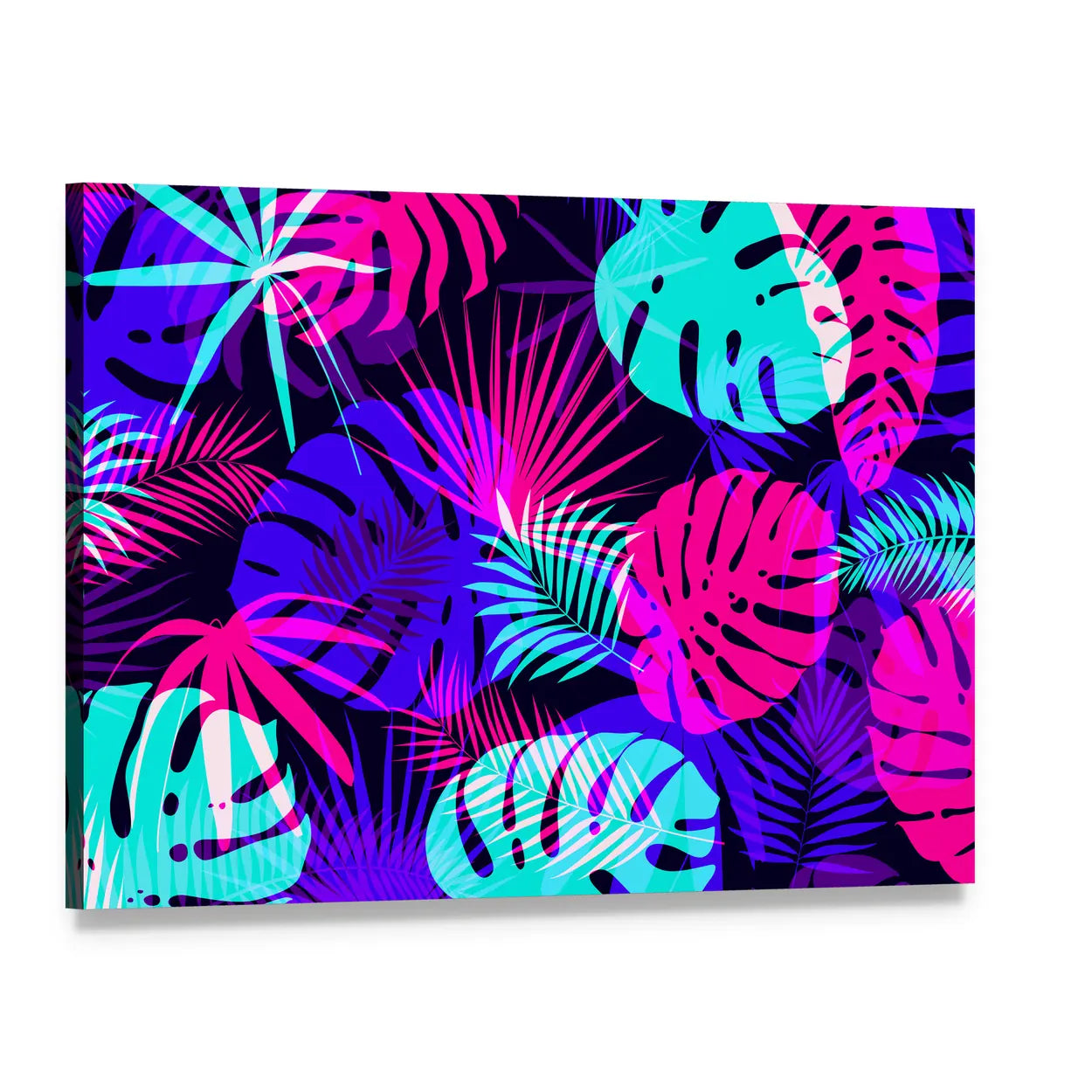 Neon Tropical Leaves Pattern Canvas Wall Art, single panel gallery wrapped canvas, angled product view