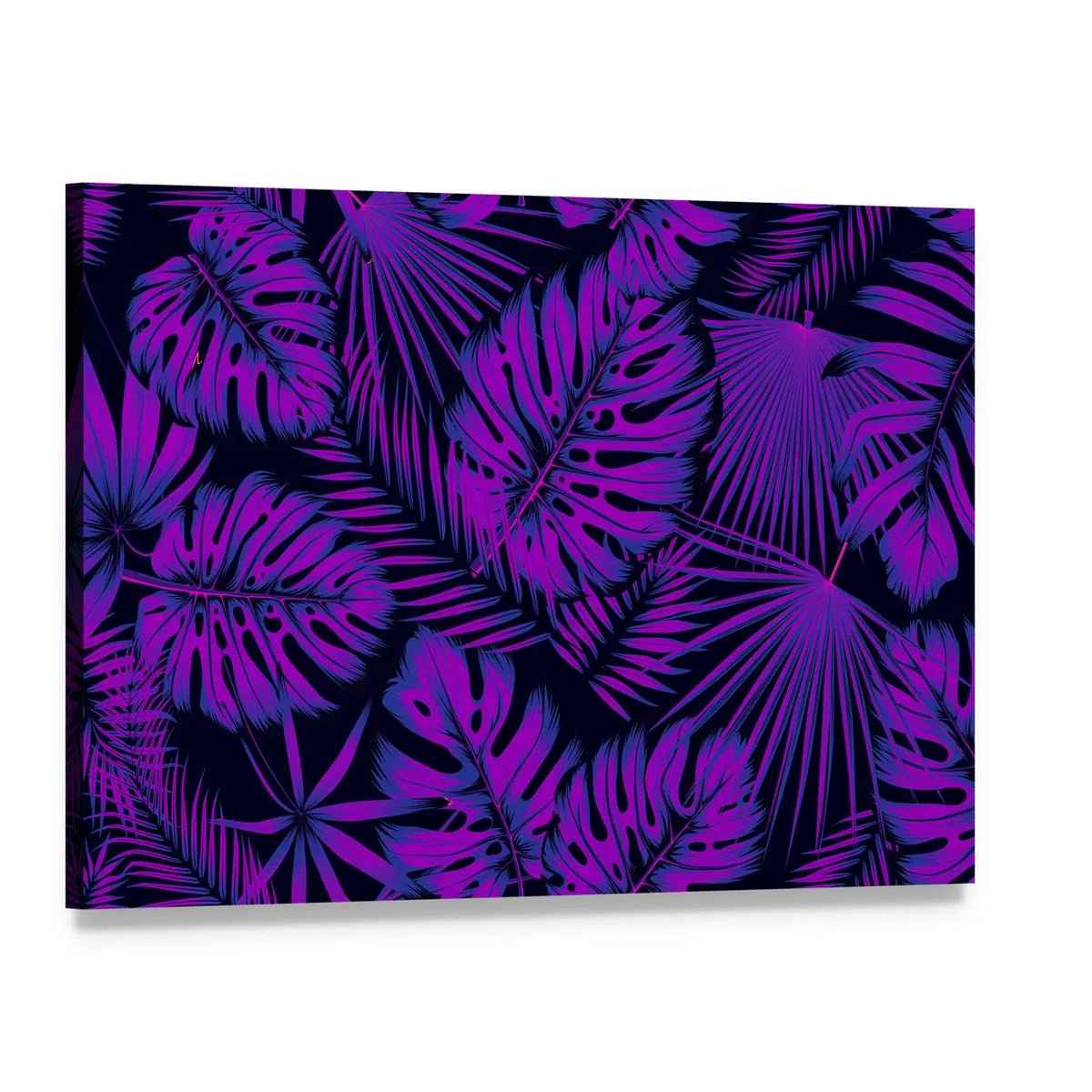 Neon-edged Tropical Leaves Pattern Canvas Wall Art, single panel gallery wrapped canvas, angled product view