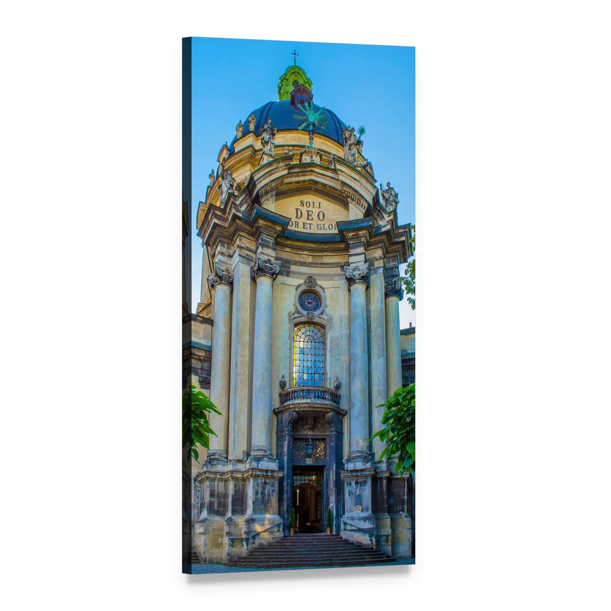 Lviv Cathedral with Blue Dome and Columns Vertical Canvas Wall Art, 1 panel 1 Vertical layout gallery wrapped canvas set, angled product view