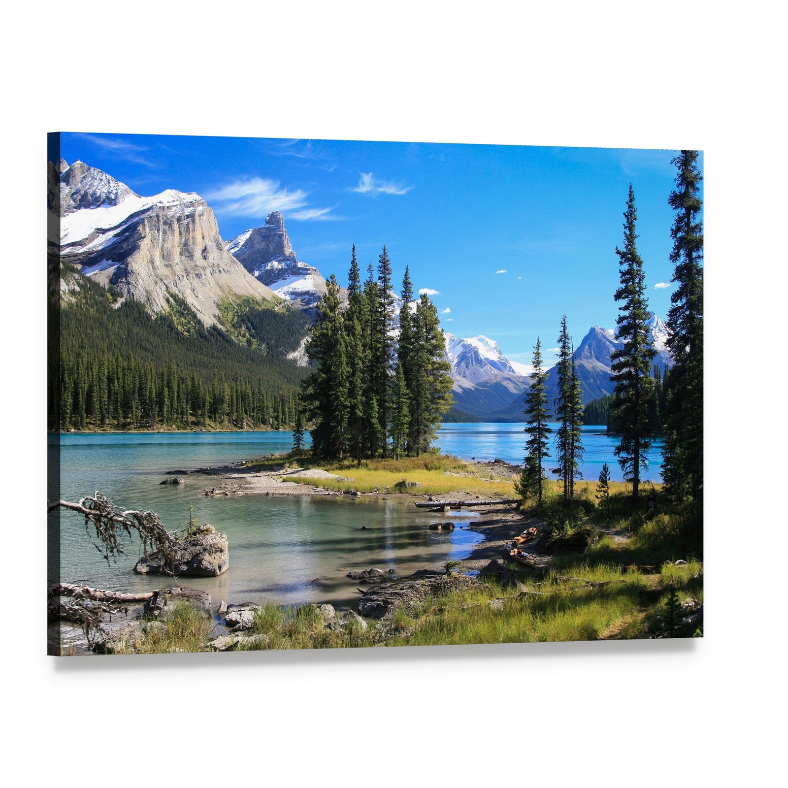 Maligne Lake Landscape Canvas Wall Art, single panel gallery wrapped canvas, angled product view