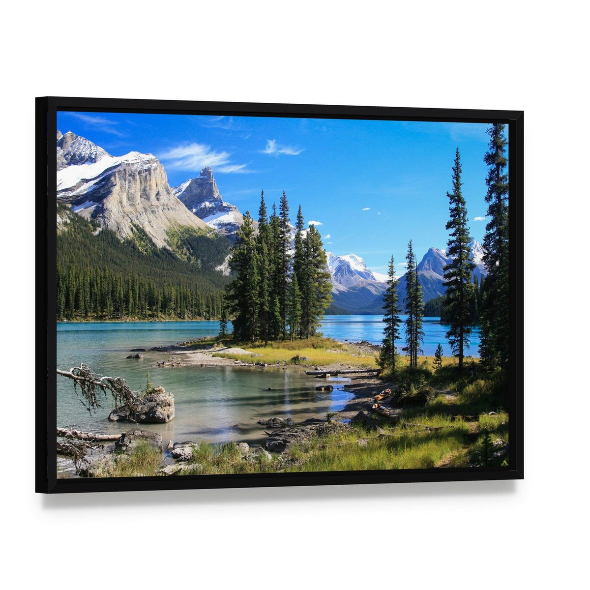 Maligne Lake Landscape Canvas Wall Art, framed canvas in a black floater frame, angled product view