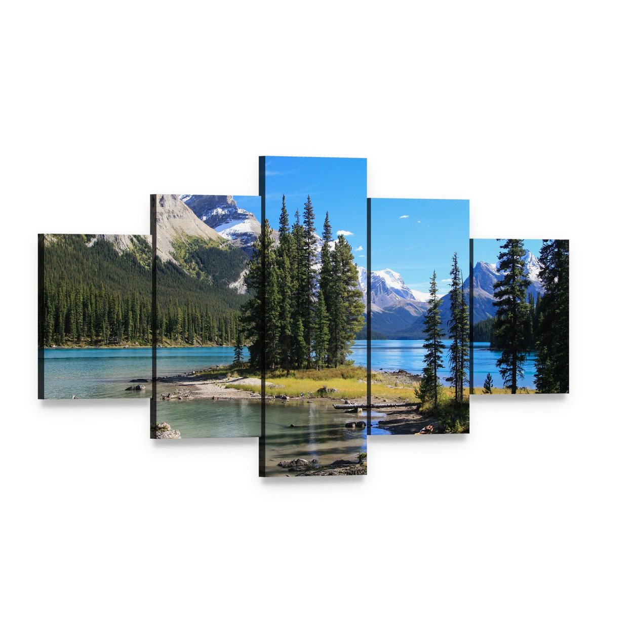 Maligne Lake Landscape Canvas Wall Art, 5 panel 5 Star layout gallery wrapped canvas set, angled product view