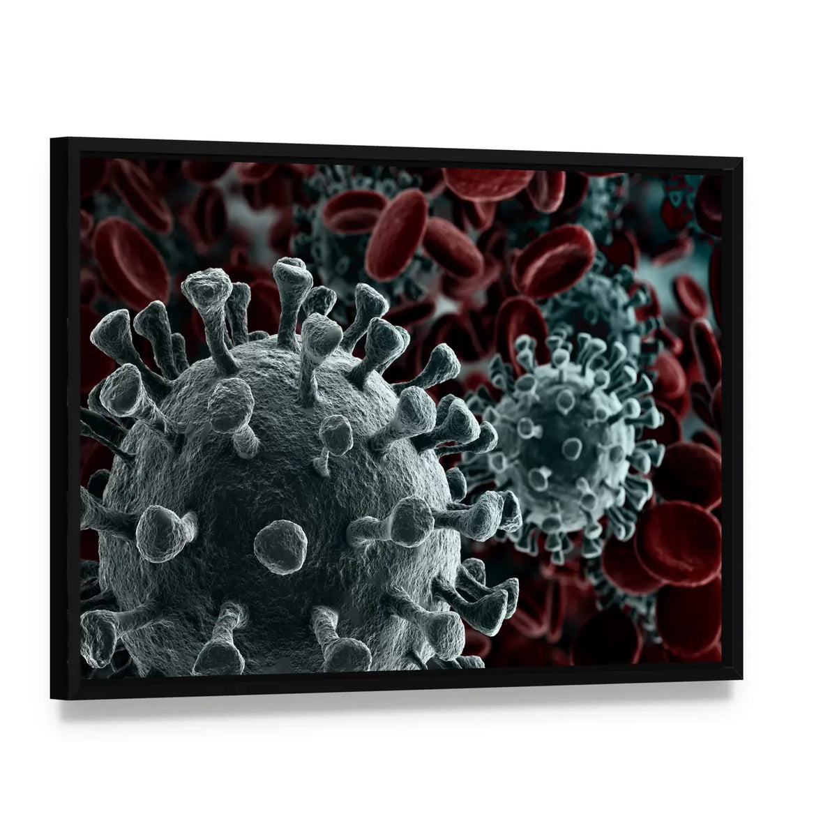 Coronavirus Particles with Red Blood Cells Canvas Wall Art, framed canvas in a black floater frame, angled product view