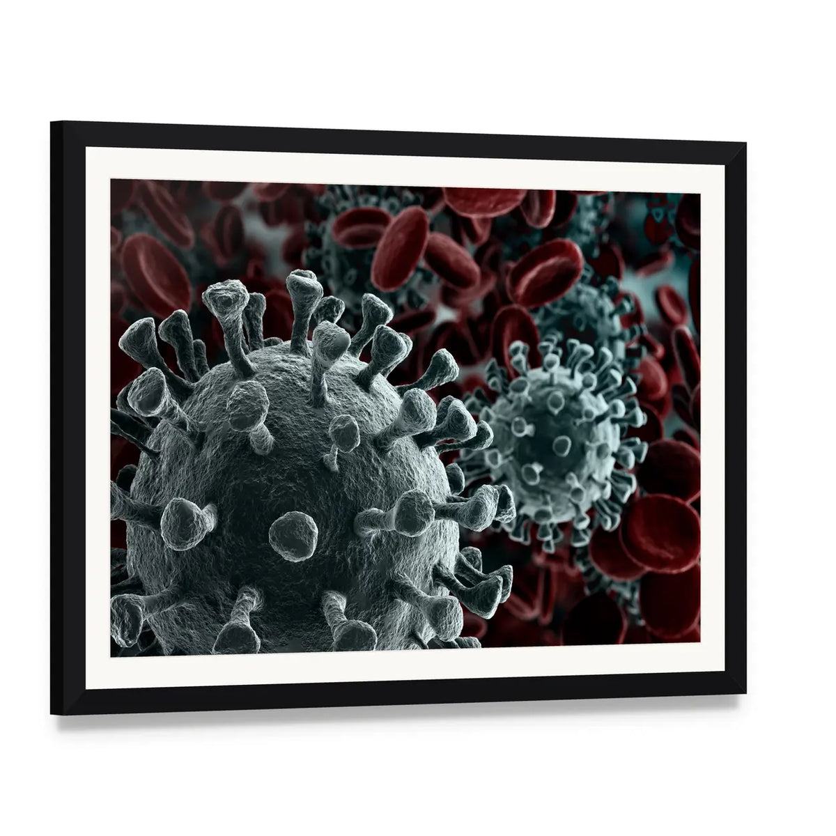 Coronavirus Particles with Red Blood Cells Canvas Wall Art, framed print with white mat and black frame, angled product view