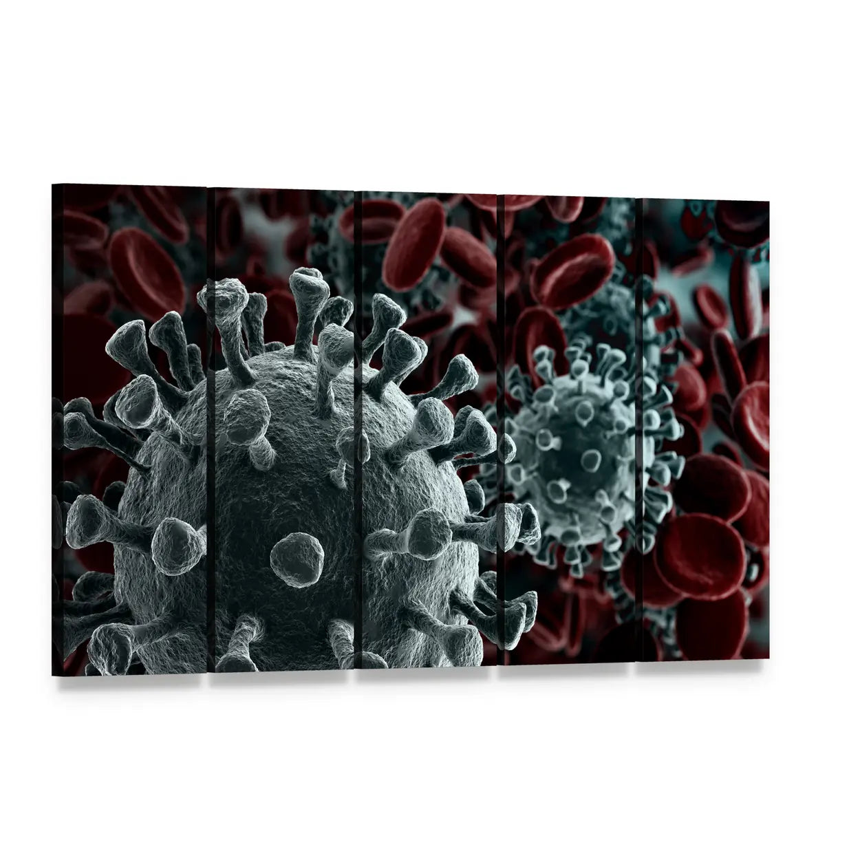 Coronavirus Particles with Red Blood Cells Canvas Wall Art, 5 panel 5 Horizontal layout gallery wrapped canvas set, angled product view
