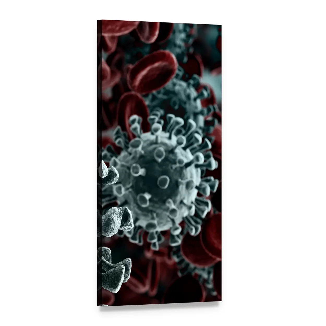 Coronavirus Close-up with Red Blood Cells Vertical Canvas Wall Art, 1 panel 1 Vertical layout gallery wrapped canvas set, angled product view