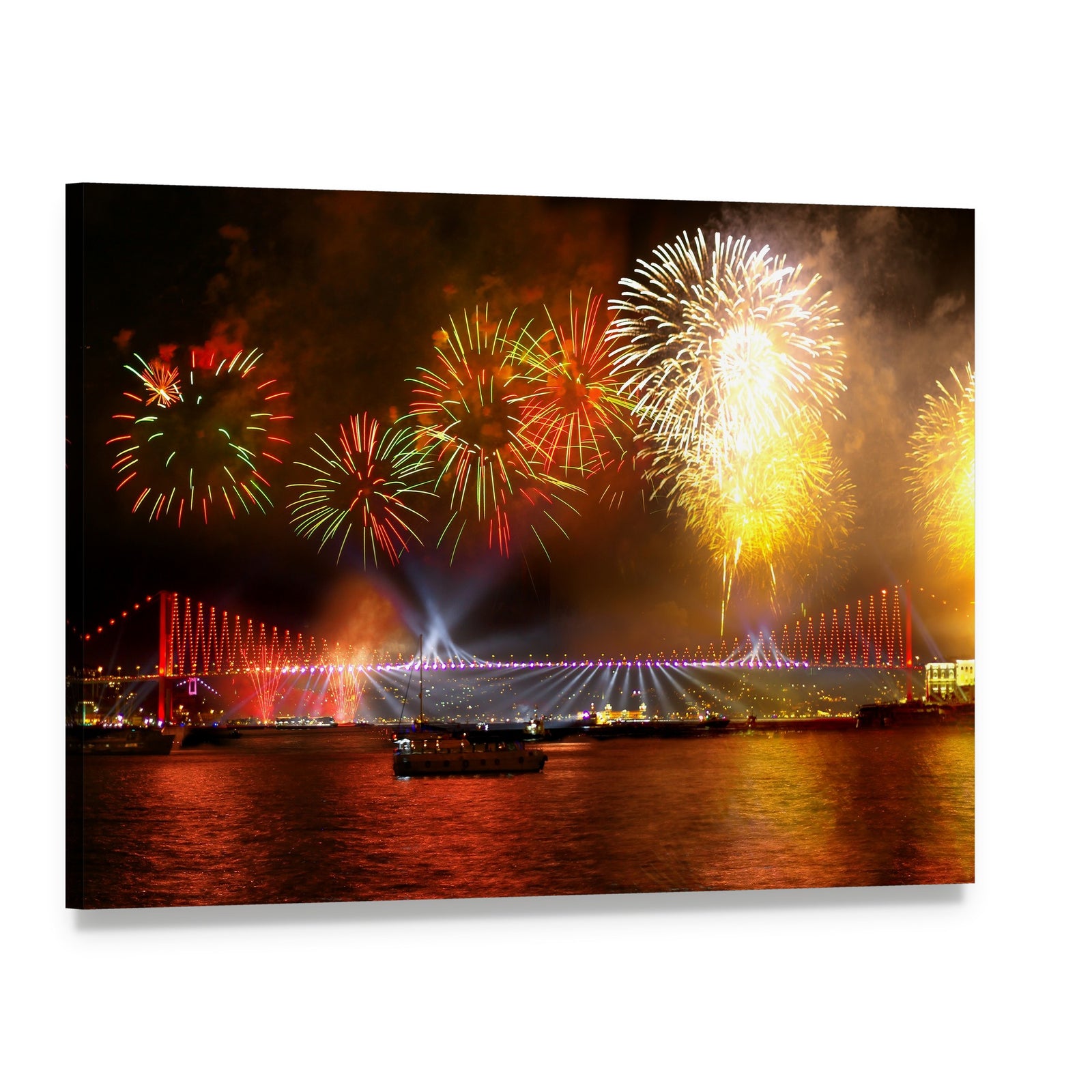 Fireworks Over Bosporus Bridge Canvas Wall Art, single panel gallery wrapped canvas, angled product view