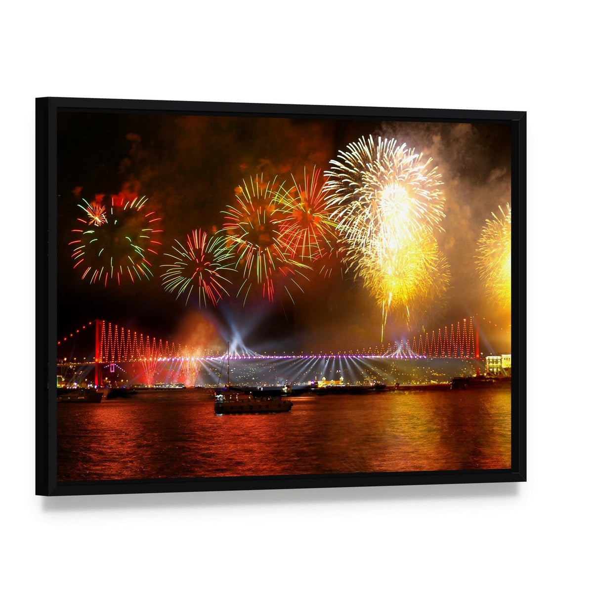 Fireworks Over Bosporus Bridge Canvas Wall Art, framed canvas in a black floater frame, angled product view