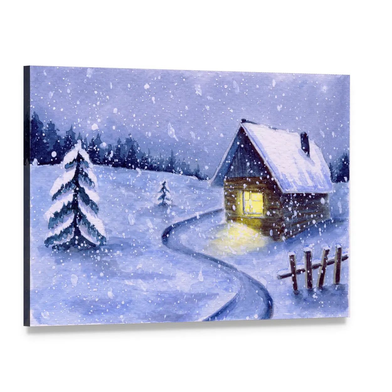 Snowy Cabin with Winding Path Canvas Wall Art, single panel gallery wrapped canvas, angled product view