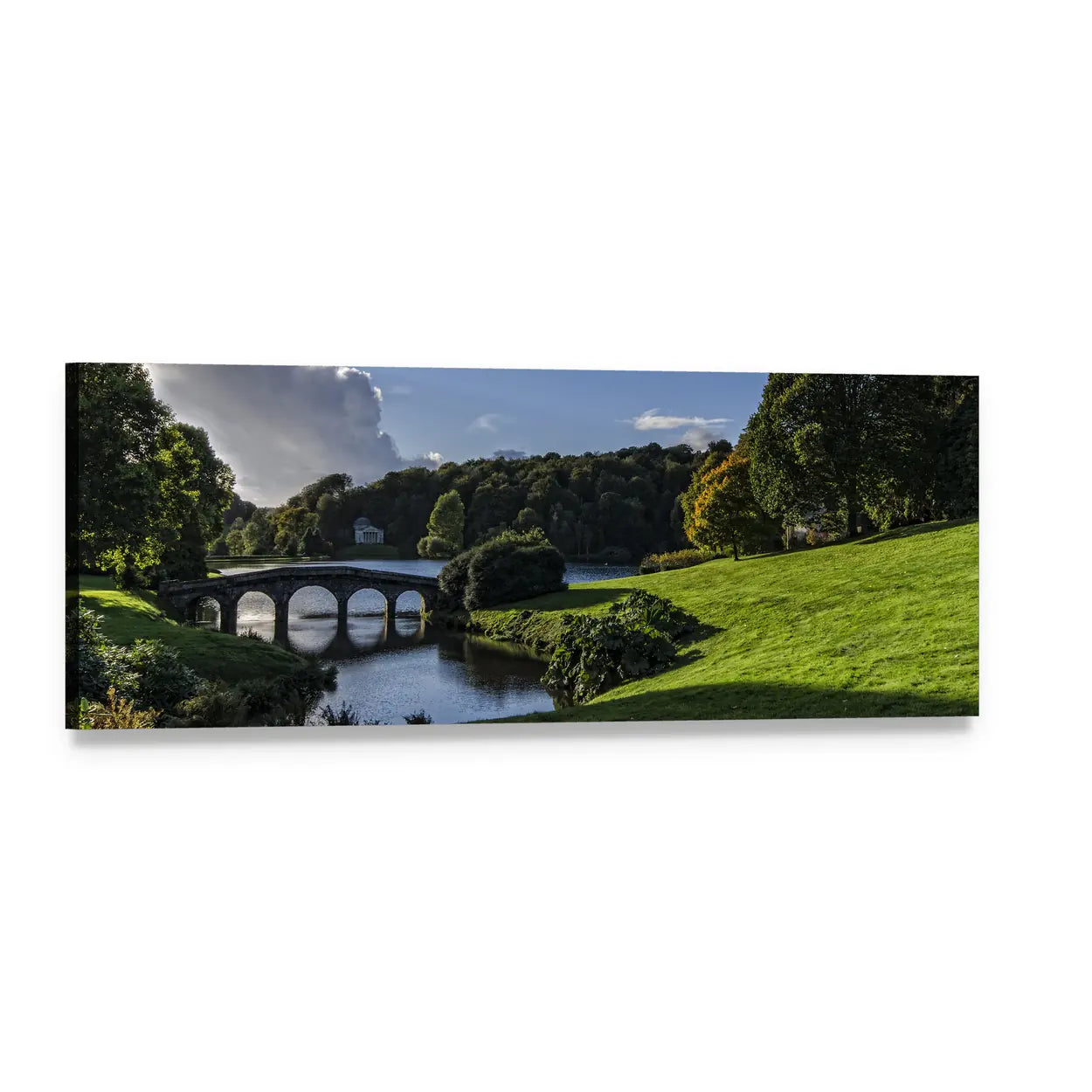 Multi-arch Stone Bridge with River Reflections Panoramic Canvas Wall Art, single panel gallery wrapped canvas, angled product view