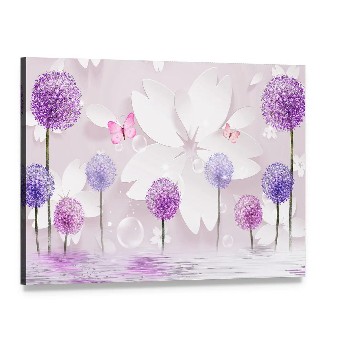 Purple Floral Lake Reflection Canvas Wall Art, single panel gallery wrapped canvas, angled product view