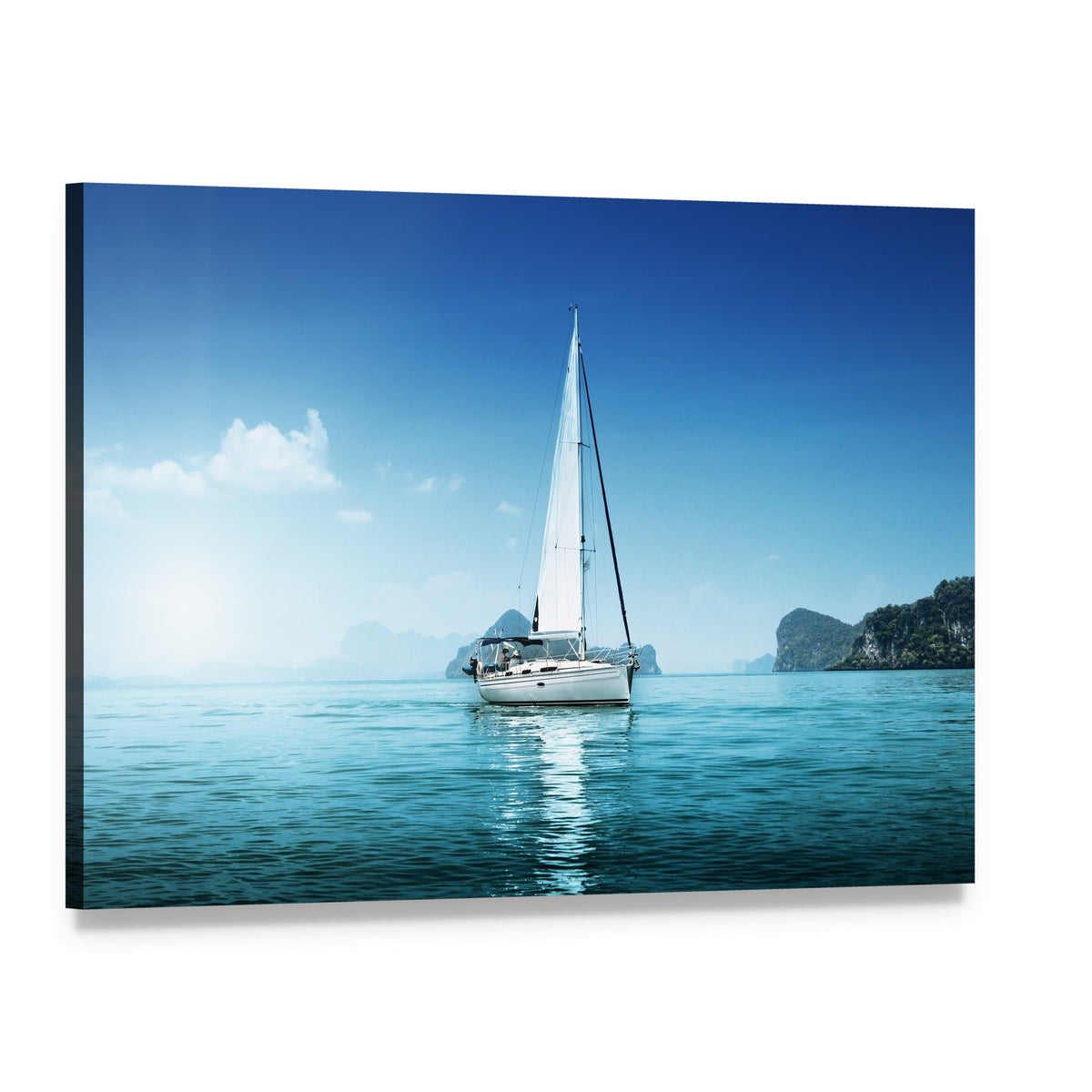 White Sailboat on Blue Ocean Canvas Wall Art, single panel gallery wrapped canvas, angled product view