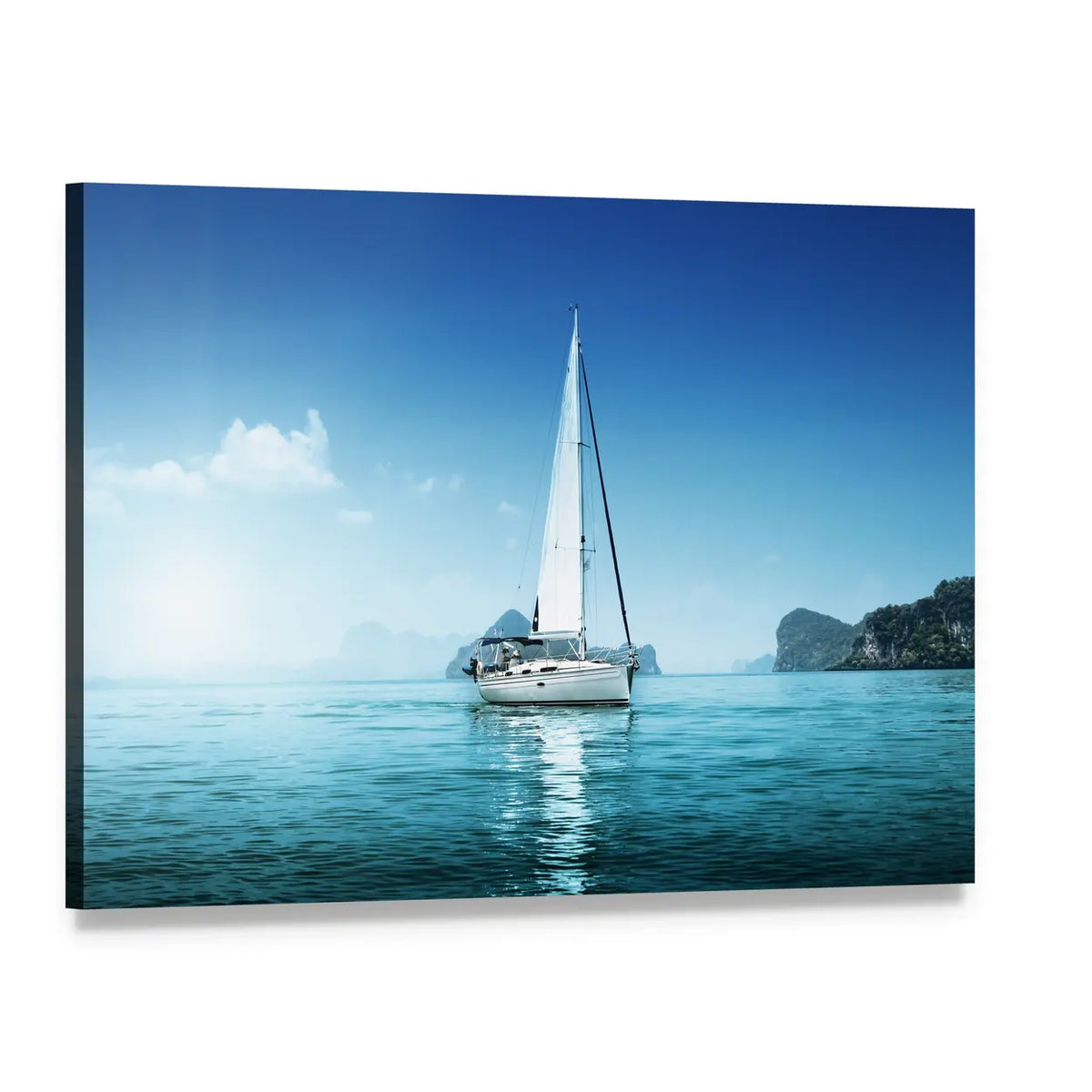 Single-masted Sailboat on Calm Blue Sea Canvas Wall Art, single panel gallery wrapped canvas, angled product view