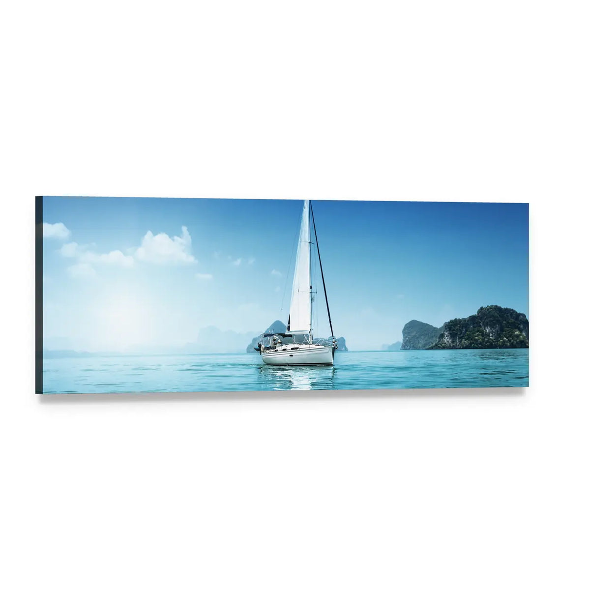 White Sailboat on Blue Ocean Panoramic Canvas Wall Art, single panel gallery wrapped canvas, angled product view