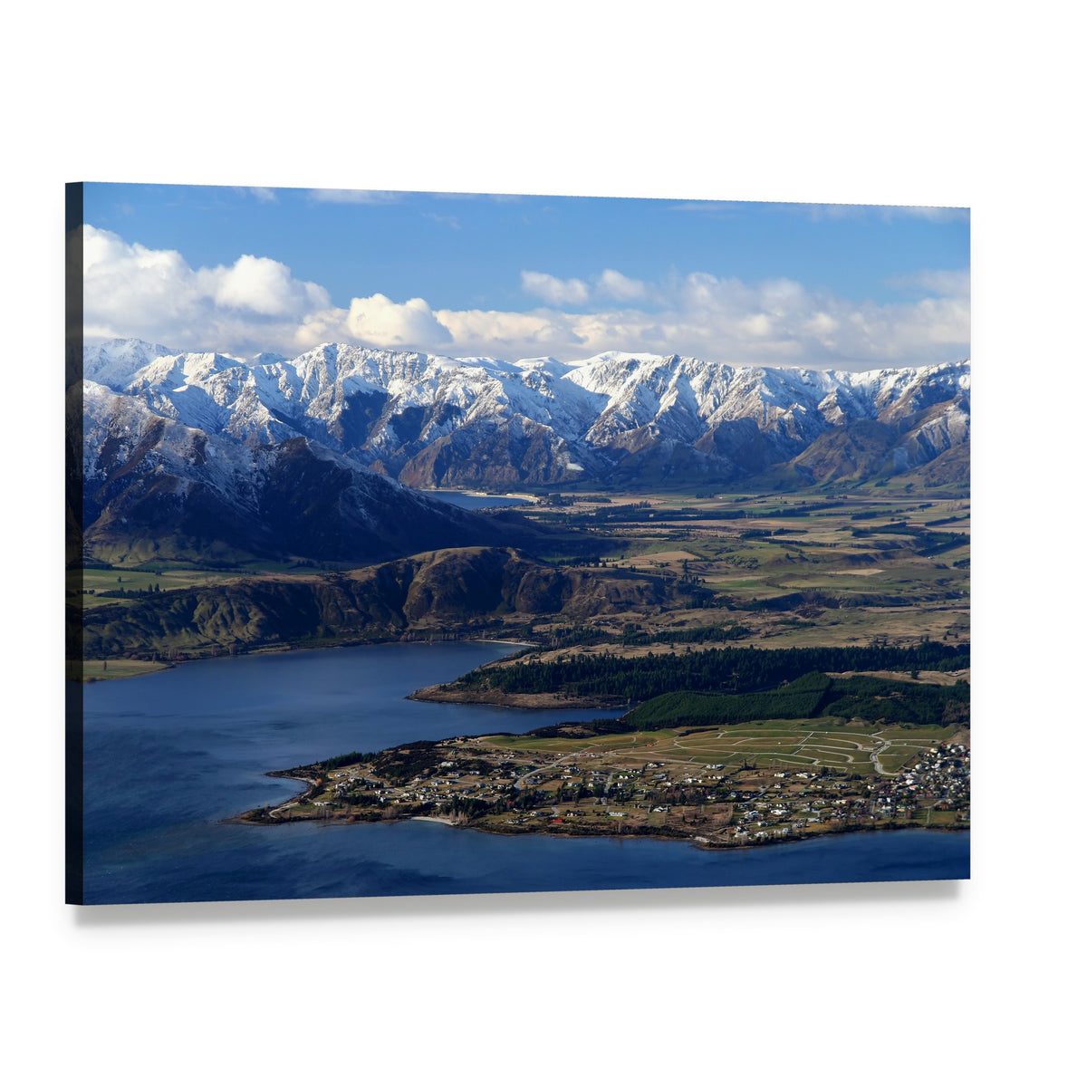 Snow-capped Mountain Over Lakeside Town Canvas Wall Art, single panel gallery wrapped canvas, angled product view