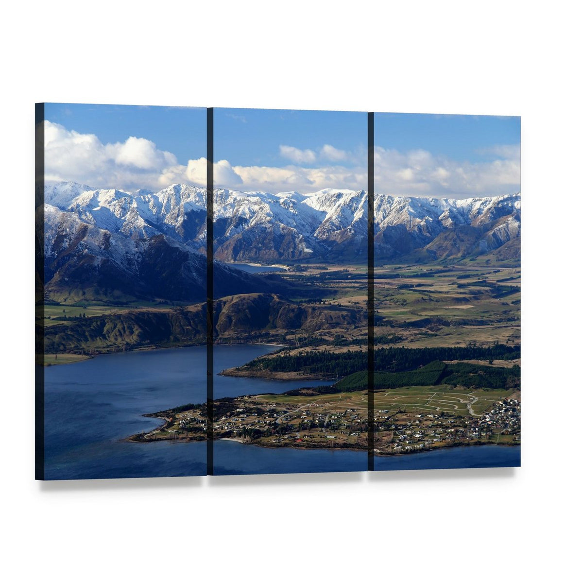 Snow-capped Mountain Over Lakeside Town Canvas Wall Art, 3 panel 3 Horizontal layout gallery wrapped canvas set, angled product view