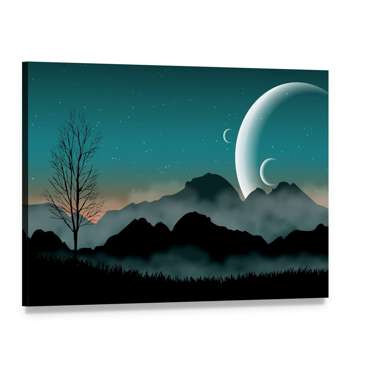 Moonlit Mountains with Bare Tree Silhouette Canvas Wall Art, single panel gallery wrapped canvas, angled product view