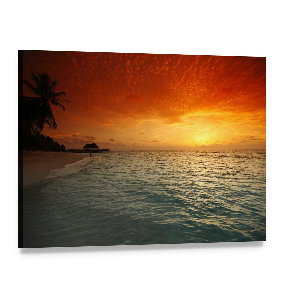Sea and Beach with Palms at Sunset Canvas Wall Art, single panel gallery wrapped canvas, angled product view