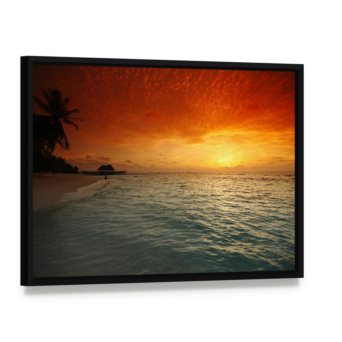 Sea and Beach with Palms at Sunset Canvas Wall Art, framed canvas in a black floater frame, angled product view