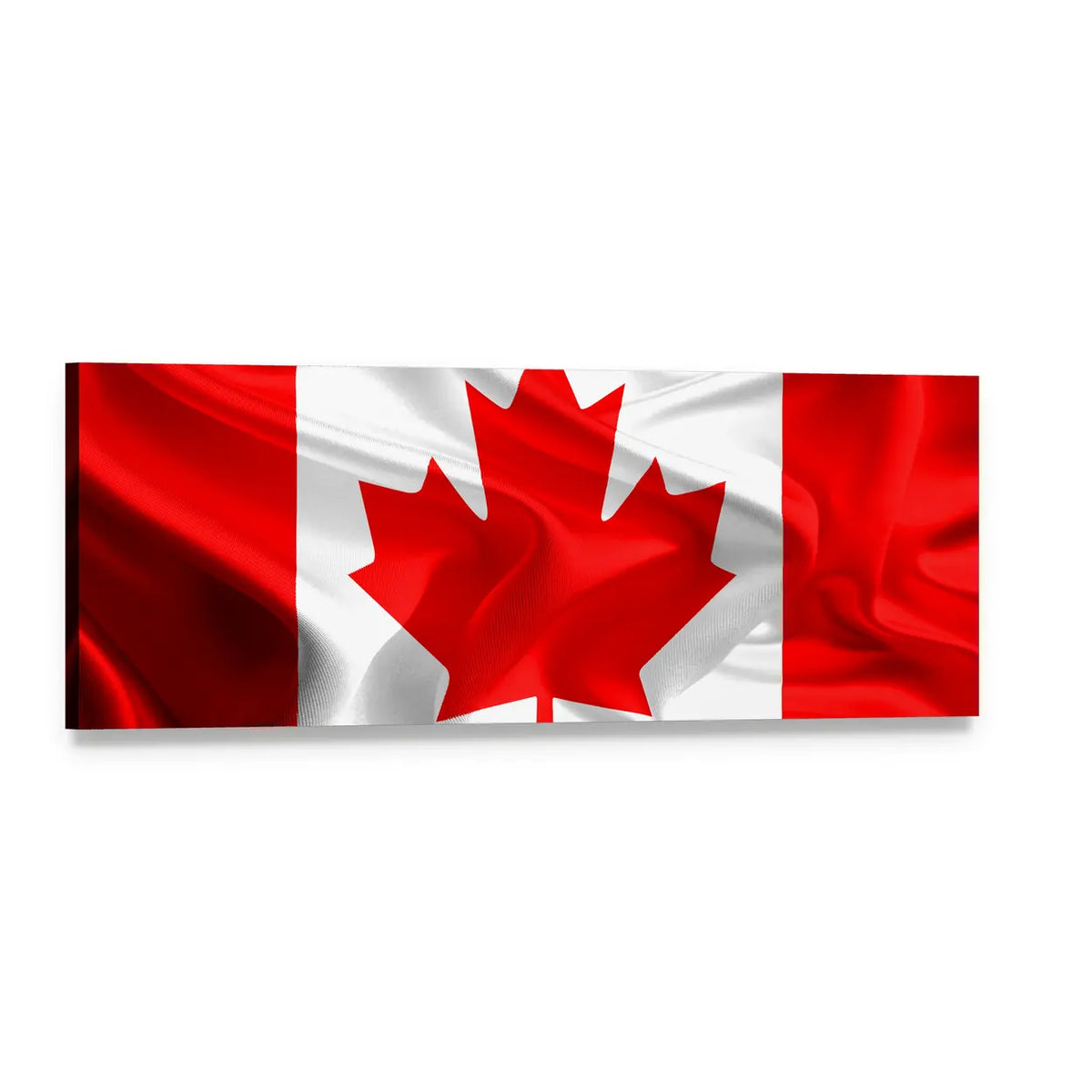 Waving Fabric Canadian Flag Panoramic Canvas Wall Art, single panel gallery wrapped canvas, angled product view
