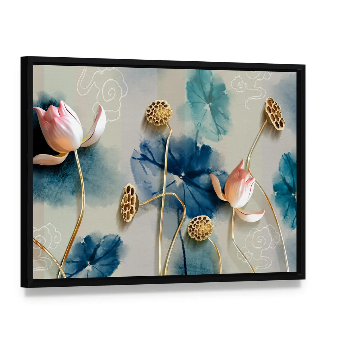 Lotus Garden Illustration with Gold Accents Canvas Wall Art, framed canvas in a black floater frame, angled product view
