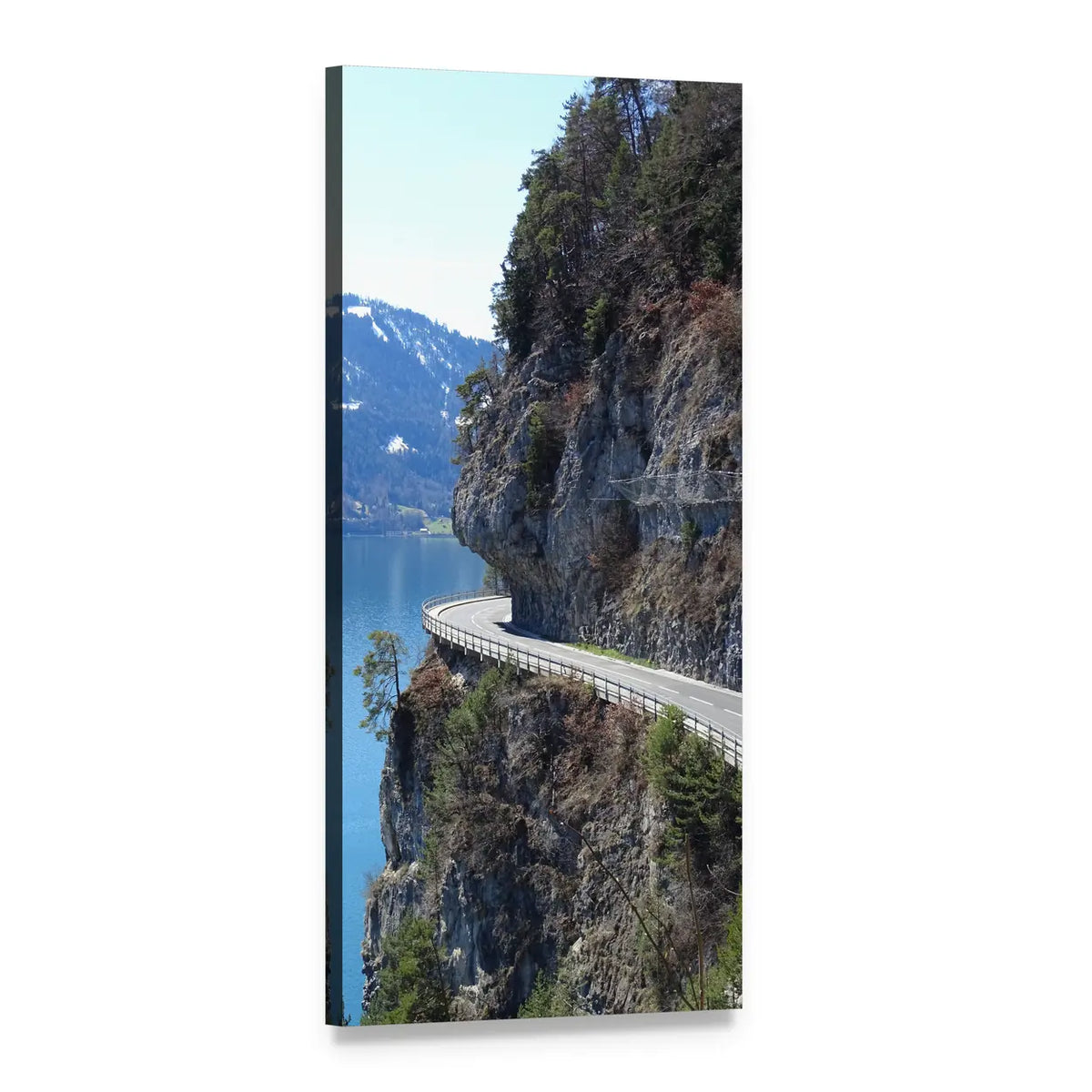 High Alpine Road Above Mountain Lake Vertical Canvas Wall Art, 1 panel 1 Vertical layout gallery wrapped canvas set, angled product view