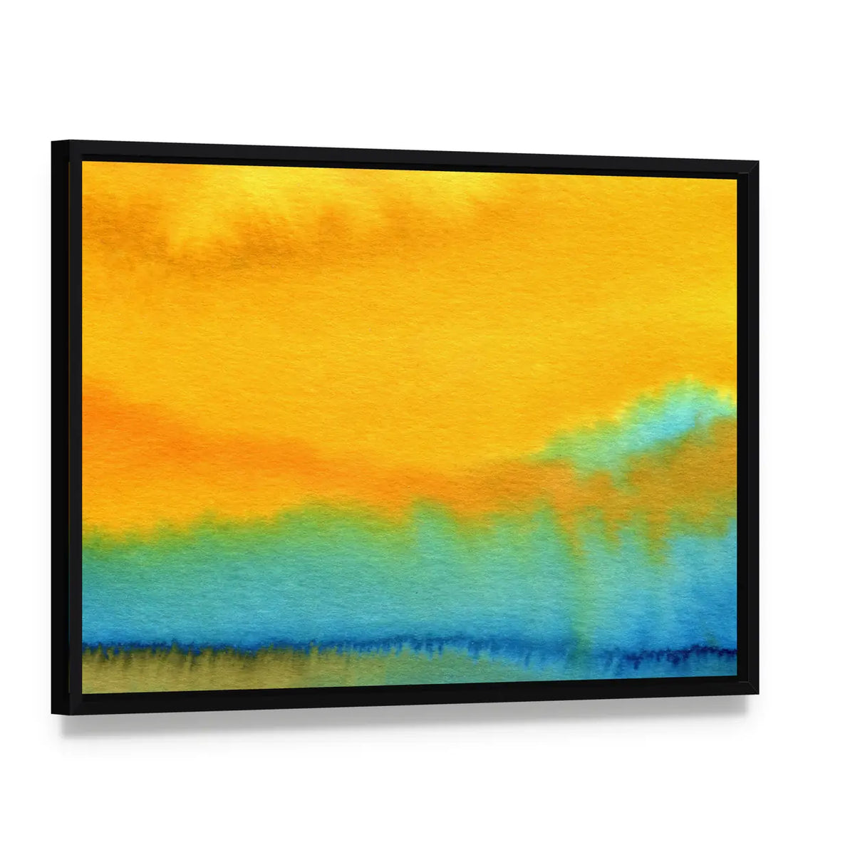Modern Aquarelle Abstract Canvas Wall Art, framed canvas in a black floater frame, angled product view
