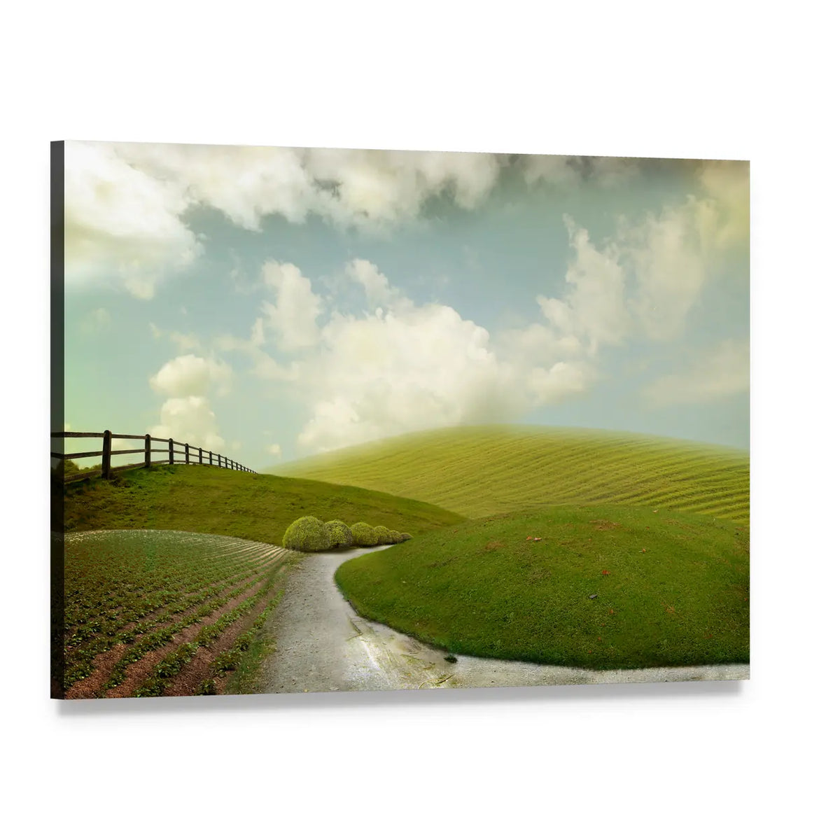 Winding Path Through Rolling Green Hills Canvas Wall Art, single panel gallery wrapped canvas, angled product view