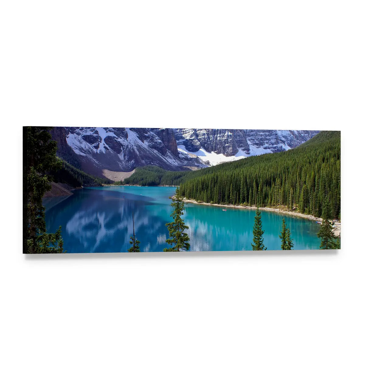 Turquoise Alpine Lake with Mountain Reflections Panoramic Canvas Wall Art, single panel gallery wrapped canvas, angled product view