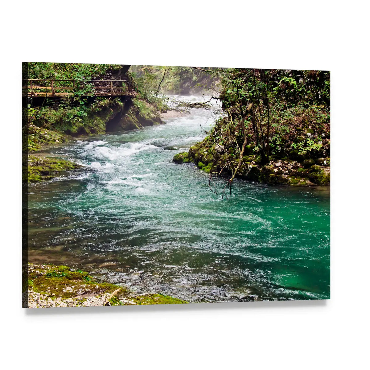 Turquoise Mountain River with Wooden Bridge Canvas Wall Art, single panel gallery wrapped canvas, angled product view