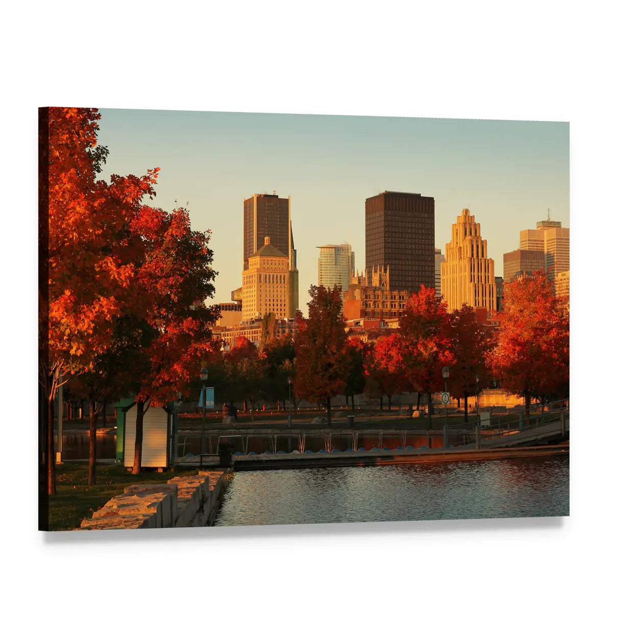 Autumn Riverfront Cityscape with Skyscrapers Canvas Wall Art, single panel gallery wrapped canvas, angled product view