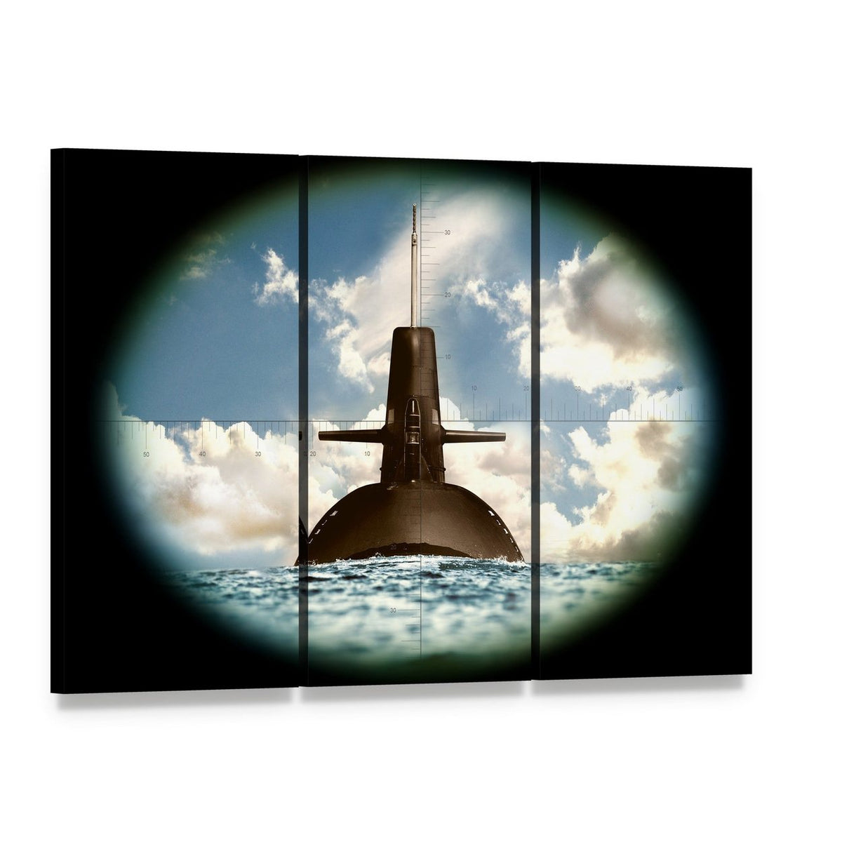 Submarine Periscope with Crosshairs Canvas Wall Art, 3 panel 3 Horizontal layout gallery wrapped canvas set, angled product view