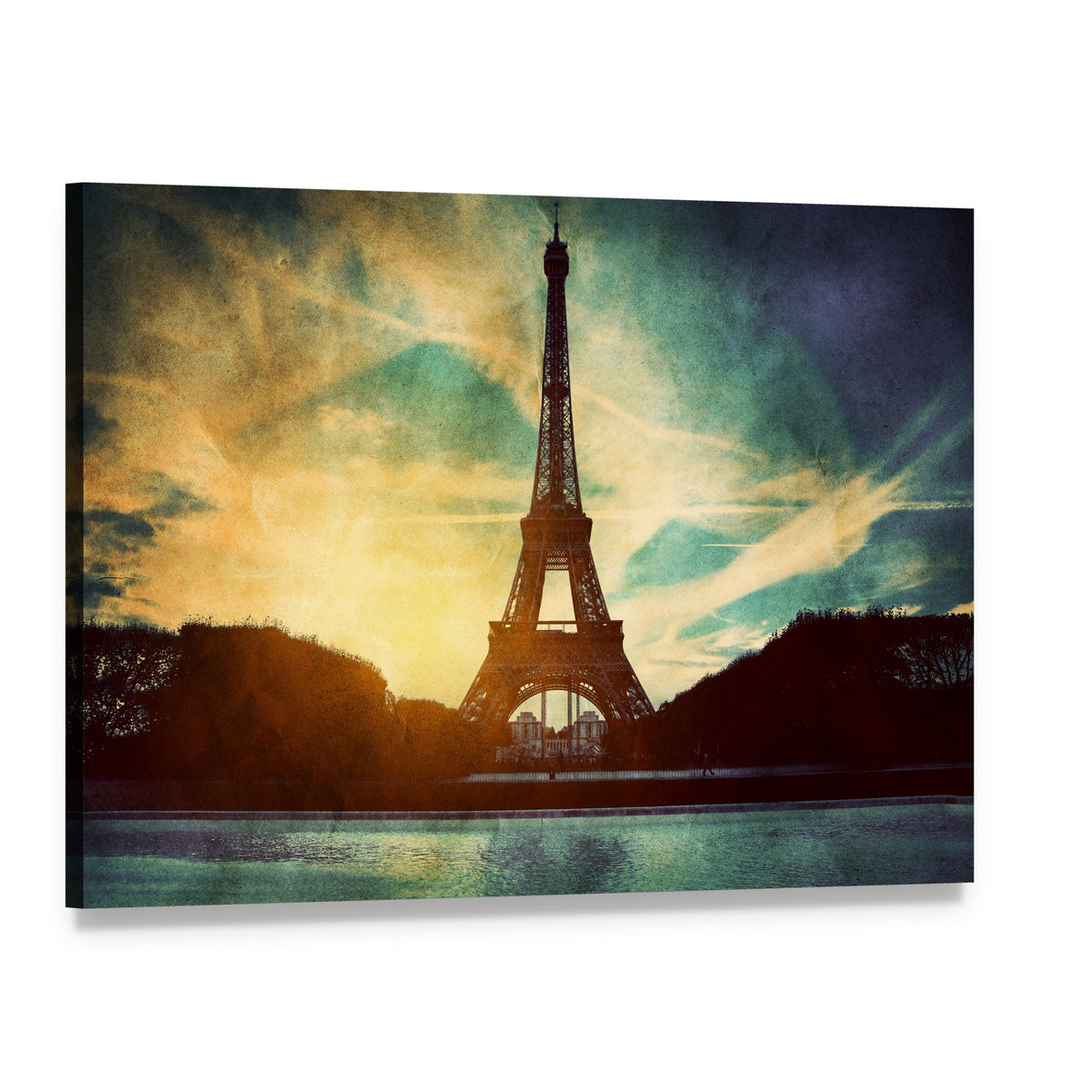 Vintage Retro Eiffel Tower Paris Canvas Wall Art, single panel gallery wrapped canvas, angled product view