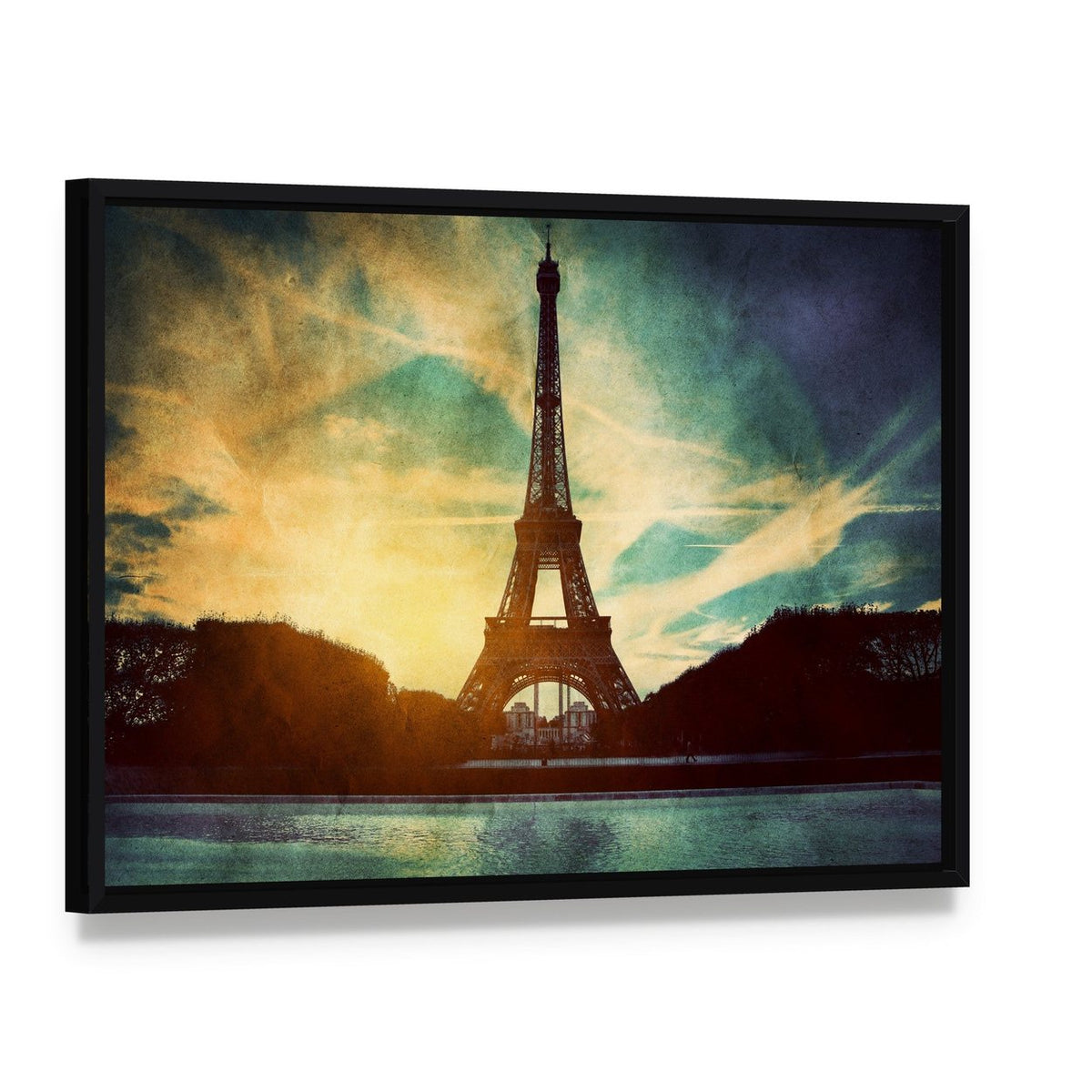 Vintage Retro Eiffel Tower Paris Canvas Wall Art, framed canvas in a black floater frame, angled product view