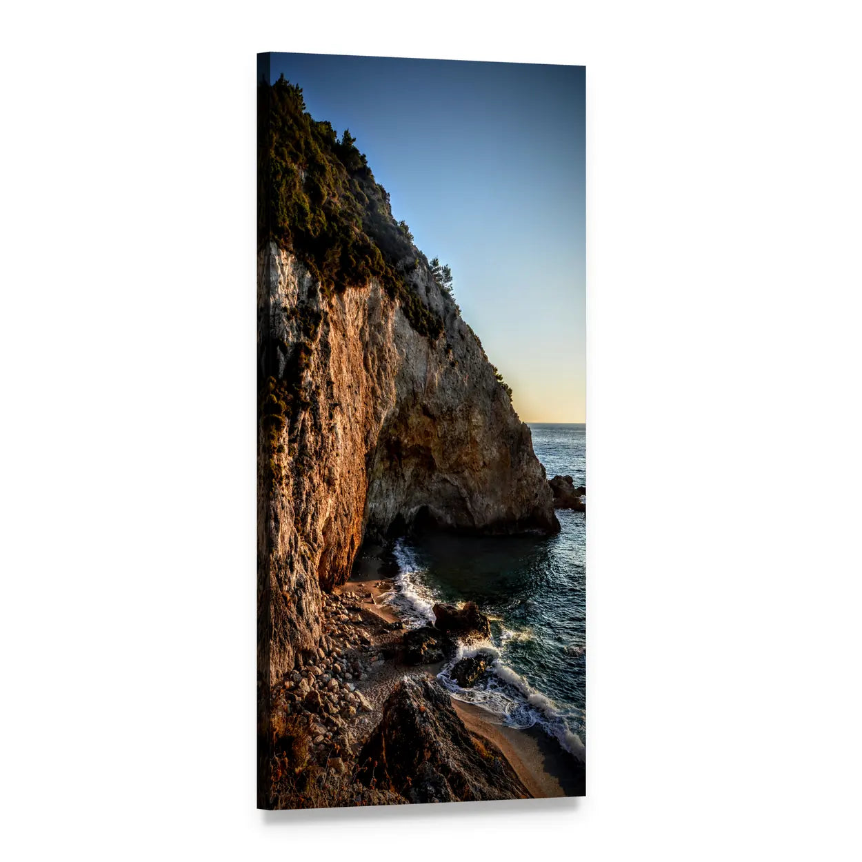 Sunlit Waves Near Sea Rocks Vertical Canvas Wall Art, 1 panel 1 Vertical layout gallery wrapped canvas set, angled product view