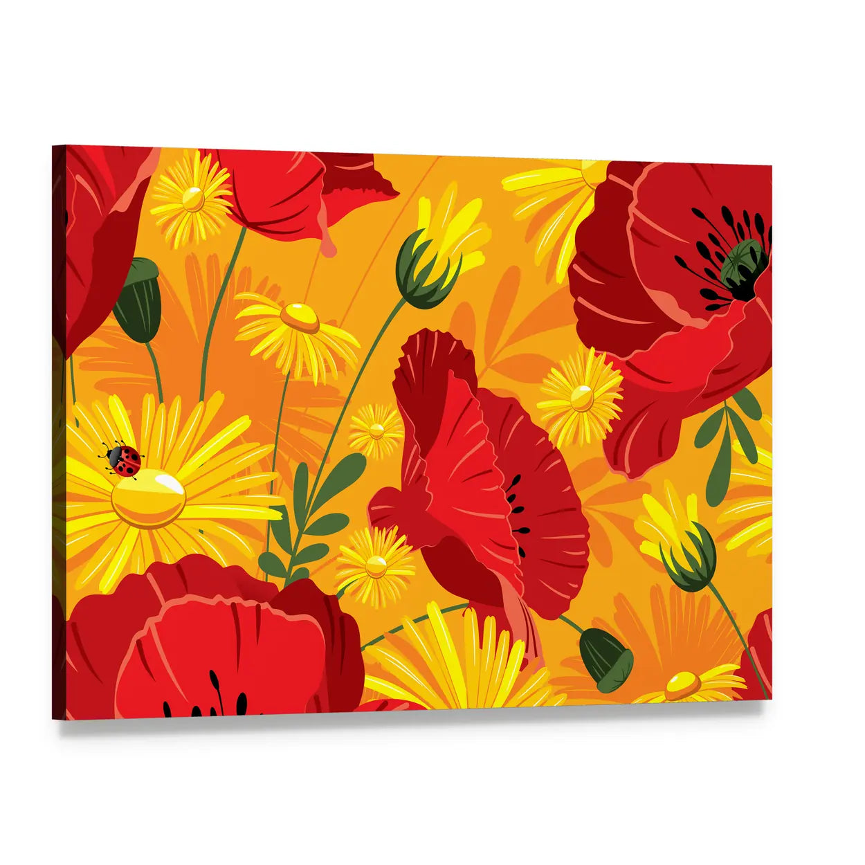 Poppies and Daisies with Ladybugs Canvas Wall Art, single panel gallery wrapped canvas, angled product view