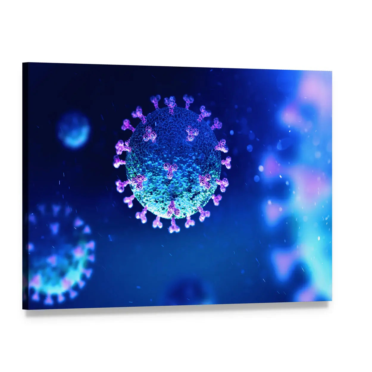 Glowing Coronavirus Under the Microscope Canvas Wall Art, single panel gallery wrapped canvas, angled product view