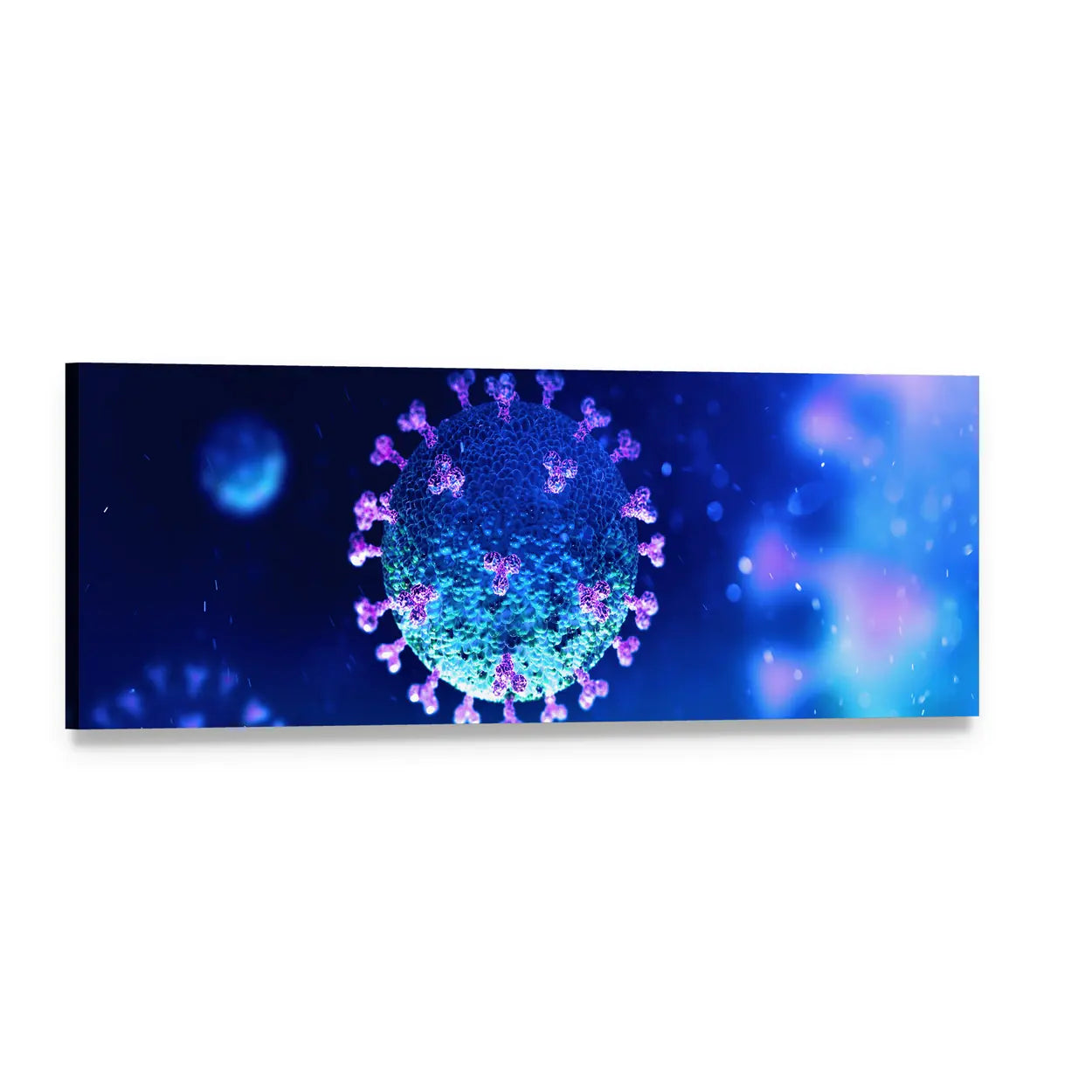 Coronavirus Particle Under the Microscope Panoramic Canvas Wall Art, single panel gallery wrapped canvas, angled product view