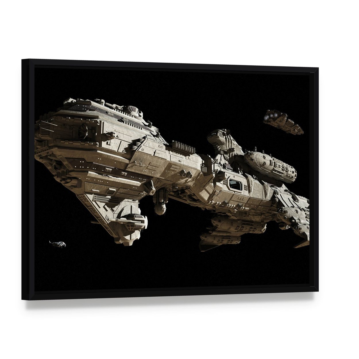 Futuristic Escort Frigate Canvas Wall Art, framed canvas in a black floater frame, angled product view