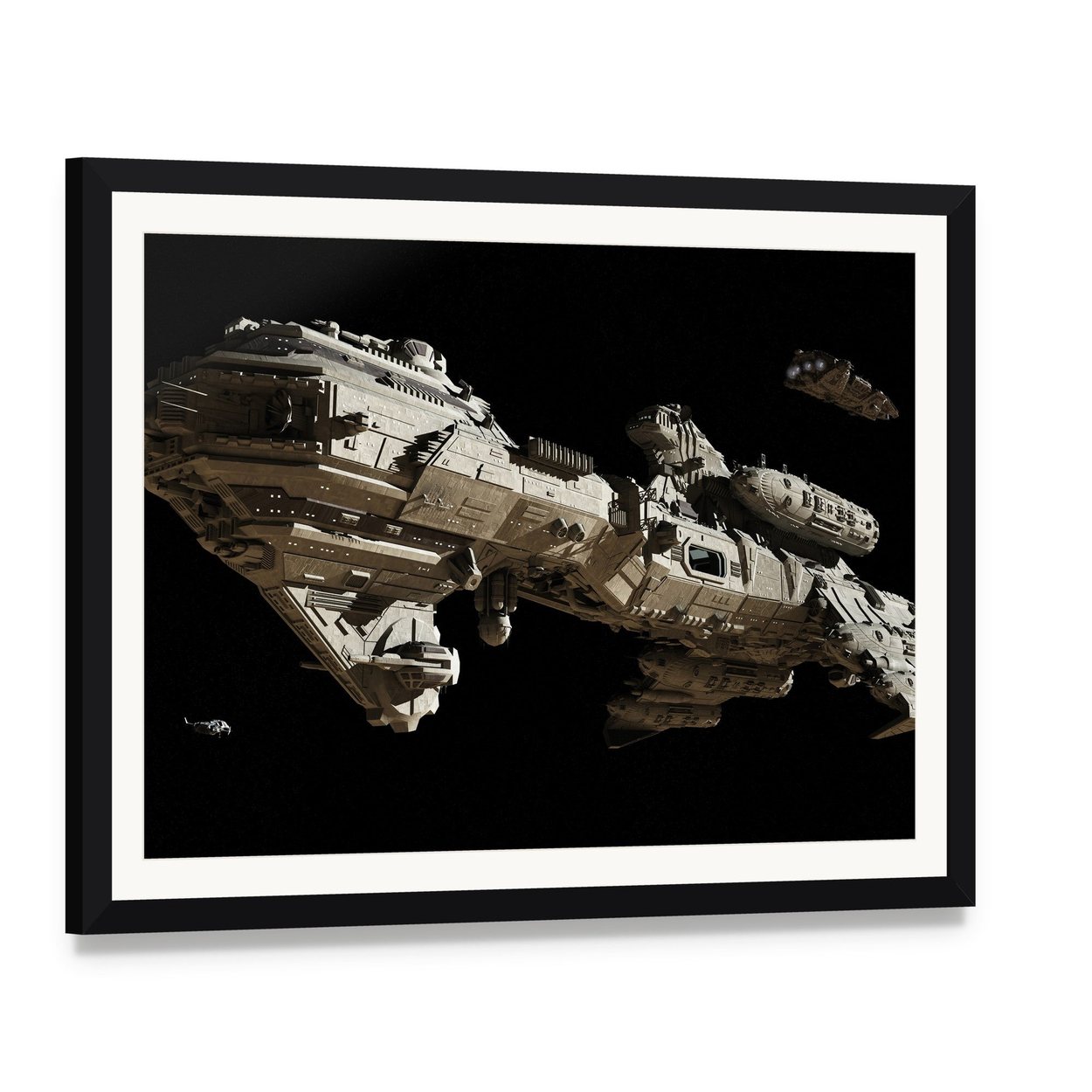 Futuristic Escort Frigate Canvas Wall Art, framed print with white mat and black frame, angled product view