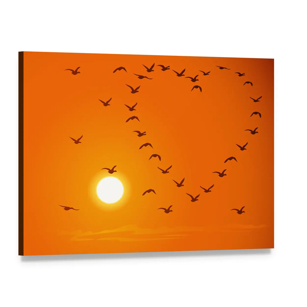 Birds in Heart Formation at Sunset Canvas Wall Art, single panel gallery wrapped canvas, angled product view