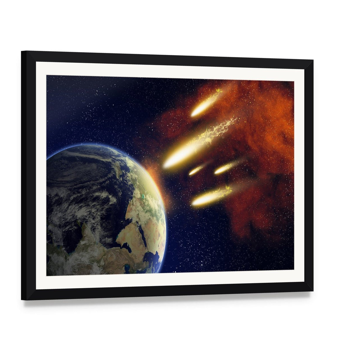 Earth and Flying Asteroids Canvas Wall Art, framed print with white mat and black frame, angled product view