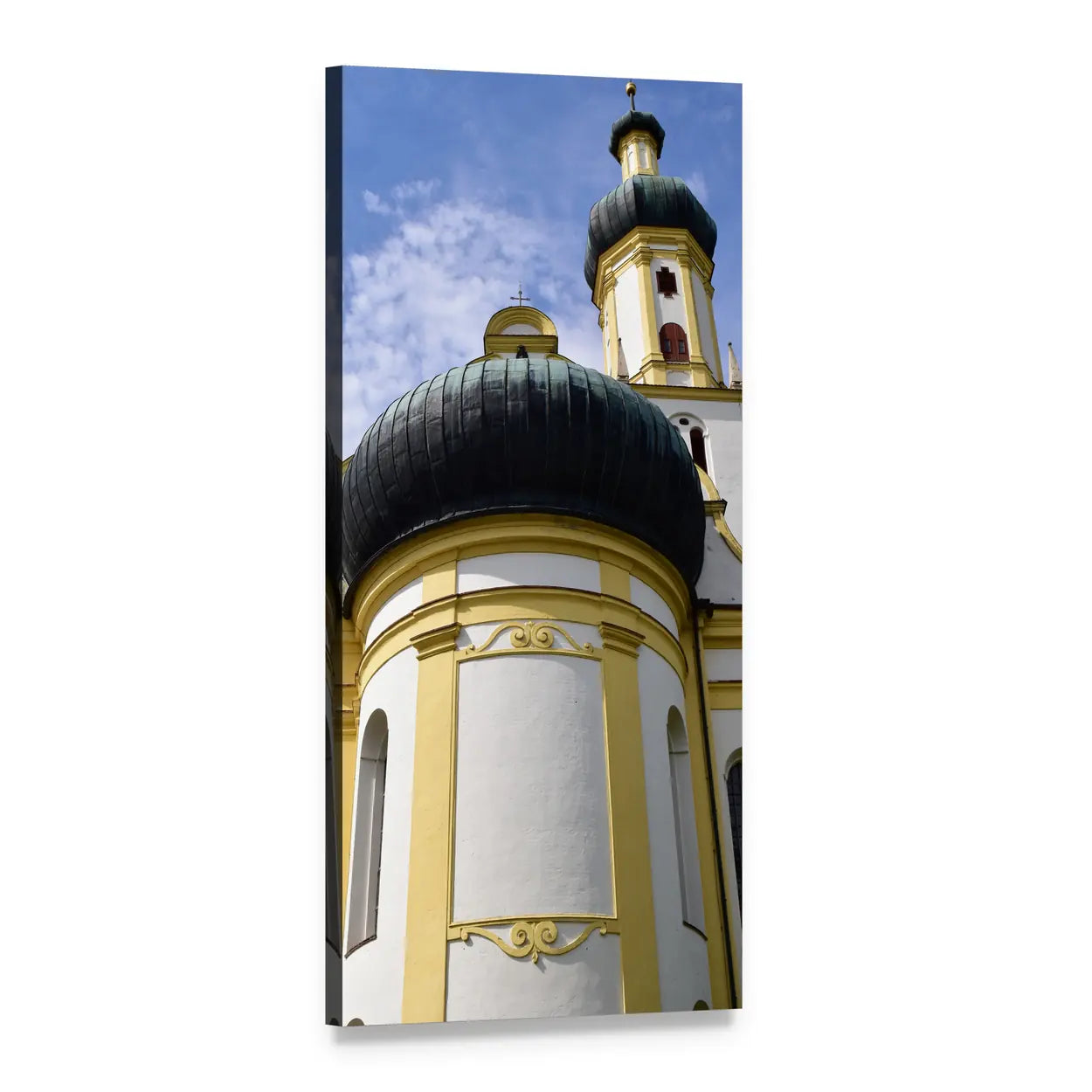 Baroque Church Tower with Black Onion Dome Vertical Canvas Wall Art, 1 panel 1 Vertical layout gallery wrapped canvas set, angled product view