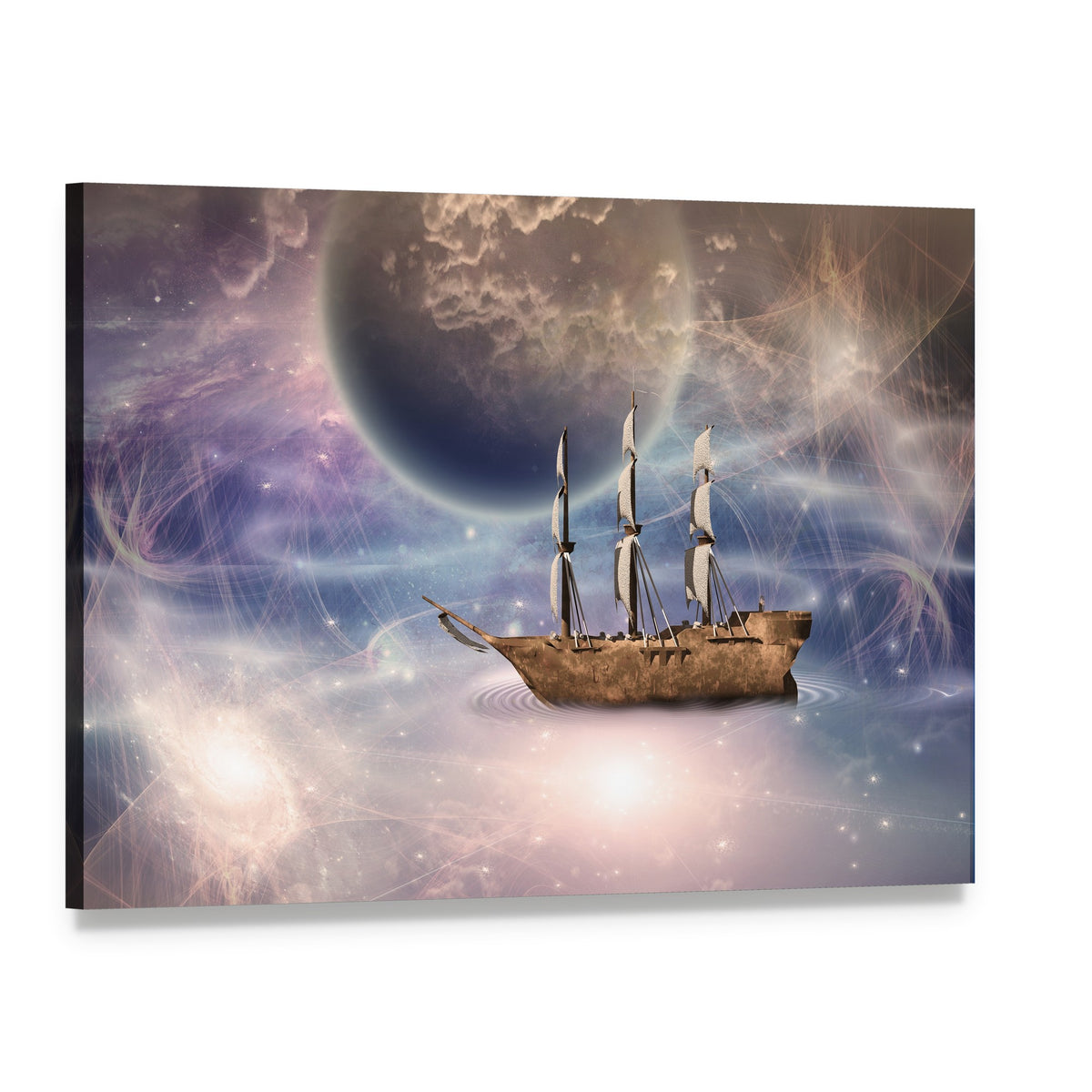 Vintage Sailing Ship in Cosmic Sea Canvas Wall Art, single panel gallery wrapped canvas, angled product view